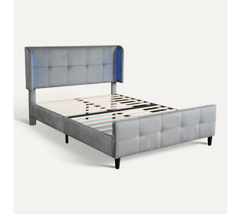 Lit Adulte 140x200 Cm Avec Tête De Lit 3 Hauteurs Et LED, En Velours, Gris