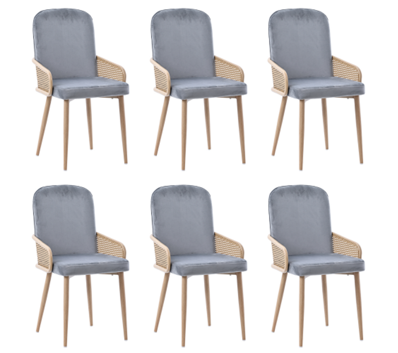 Lot De 6 Chaises De Salle à Manger, Velours, Dossier Tressé En Rotin Pe, Piètement Métal, Gris