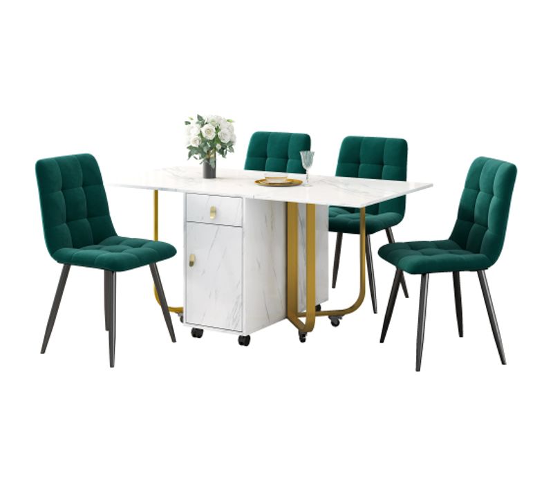 Ensemble Table Et Chaises, Table à Manger Avec Pieds Métal Doré Et 4 Chaises En Velours Vert