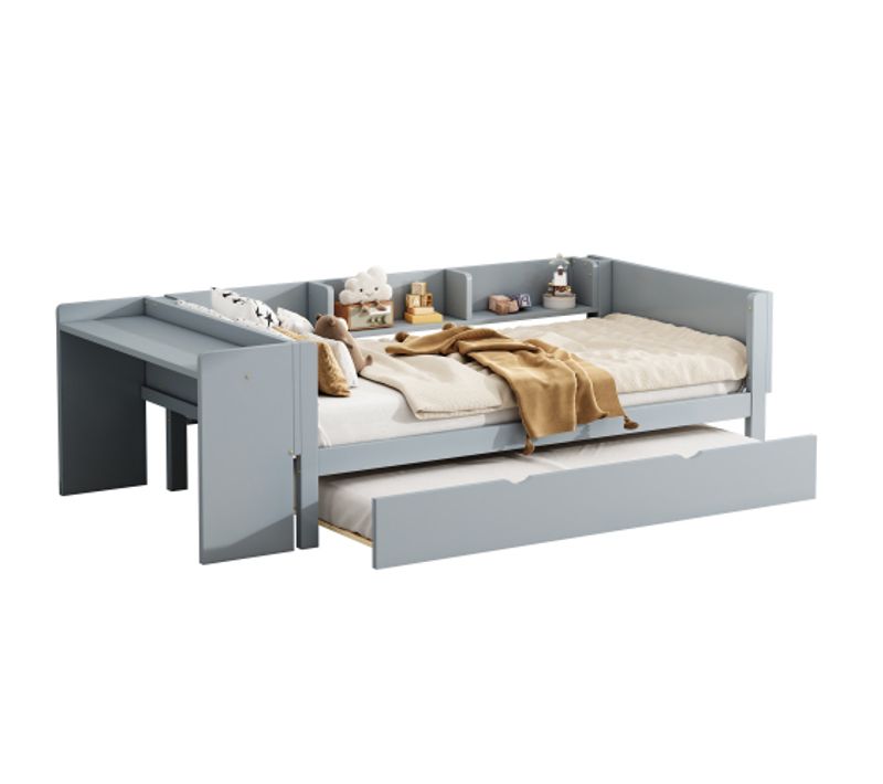 Lit Enfant 90x200 Cm, Avec Lit Gigogne 90x180 Cm Et Bureau, En Bois, Gris