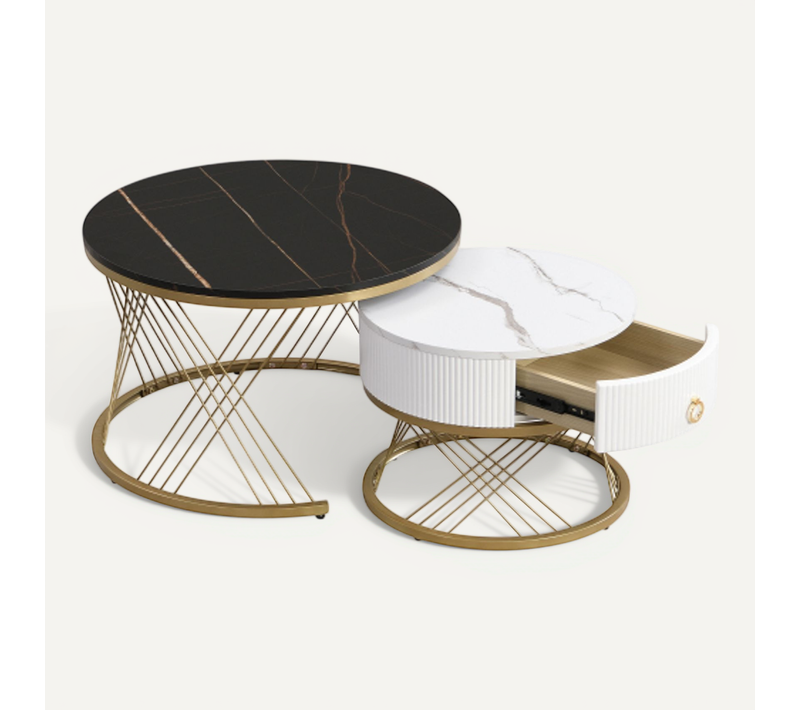 Lot De 2 Tables Basses Emboîtables Blanc Et Or Effet Marbre Avec Tiroir
