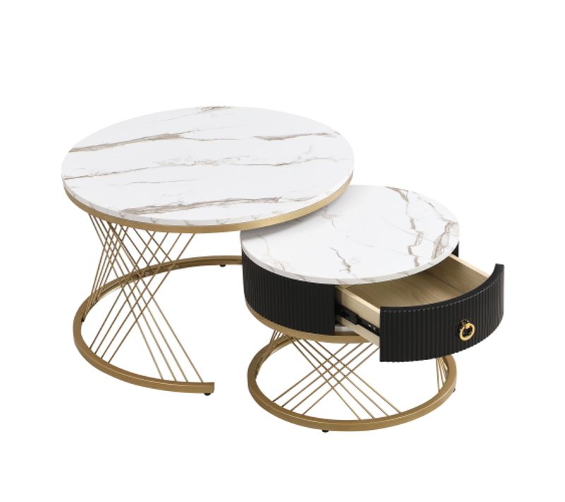 Lot De Table Basse Emboîtable Blanche Effet Marbre, Accents Dorés Et Tiroir
