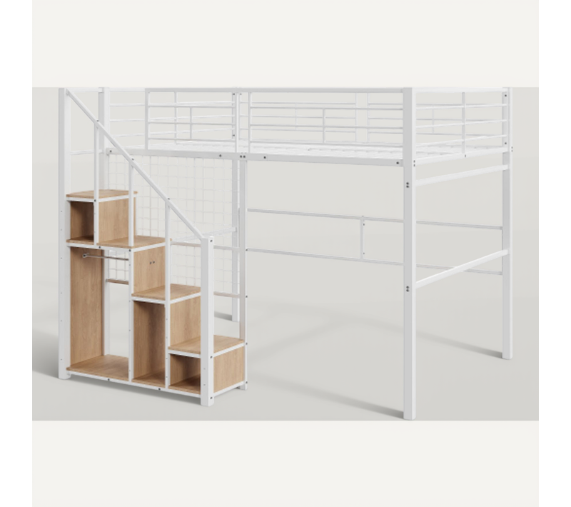 Lit Mezzanine Enfant 140x200 Cm Avec Rangement Et Échelle De Sécurité, En Métal, Blanc
