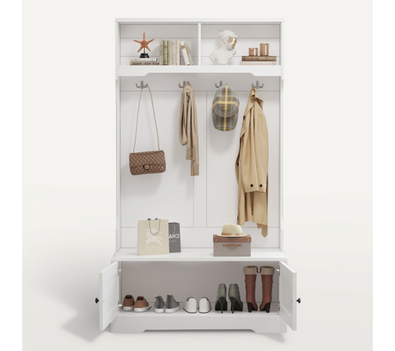 Vestiaire D’entrée Avec Assise, 4 Crochets, 2 Compartiments Ouverts Et Portes De Rangement, Blanc