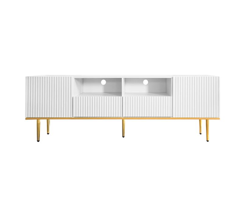 Meuble TV 165 Cm, Avec 2 Portes Et 2 Tiroirs, Pieds Dorés, Blanc