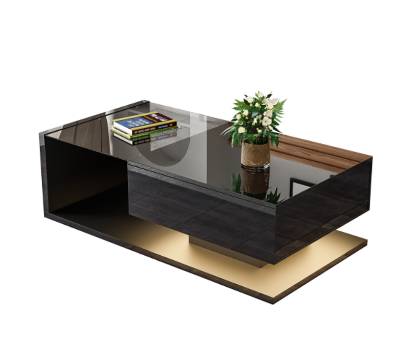 Table Basse Rectangulaire Noire Haute Brillante, Plateau En Verre, Avec LED Et Rangement