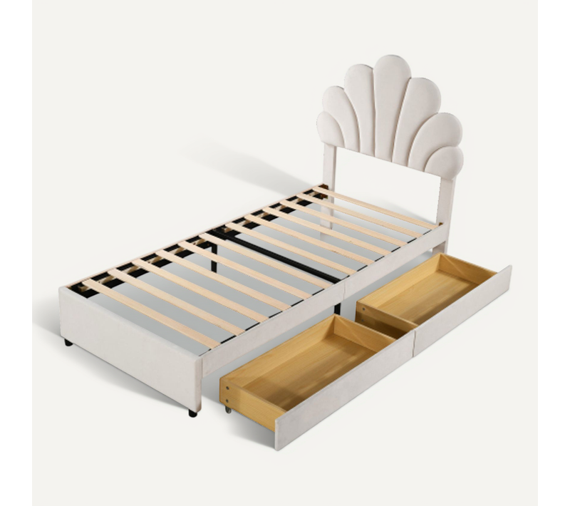 Lit Enfant 90x200 Cm, Avec 2 Tiroirs Et Tête De Lit Pétale, En Velours Beige
