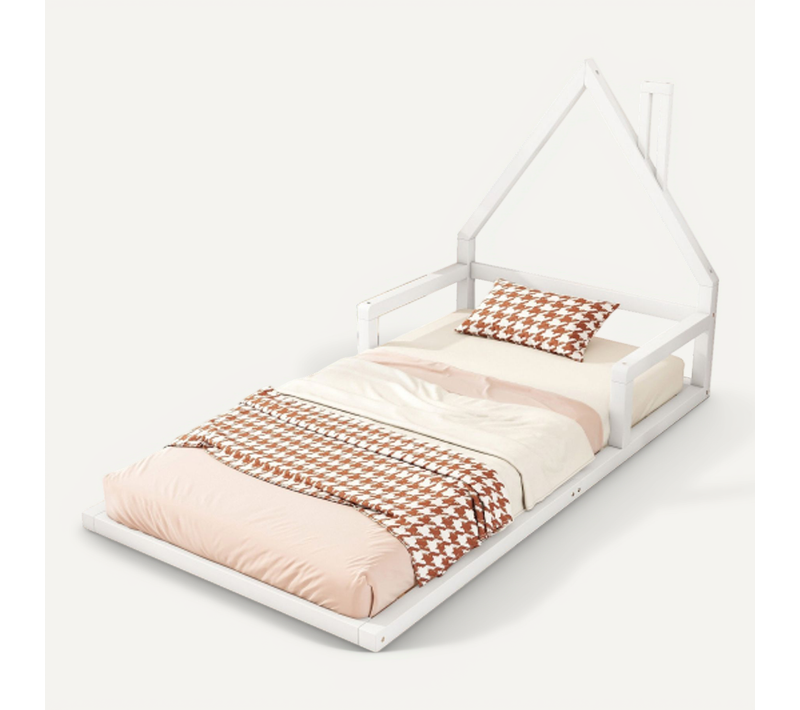 Lit Cabane Enfant 90x200 Cm, Avec Lattes, En Bois, Blanc
