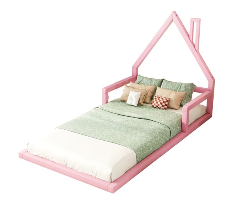 Lit Cabane Enfant 90x200 Cm, Avec Lattes, En Bois, Rose