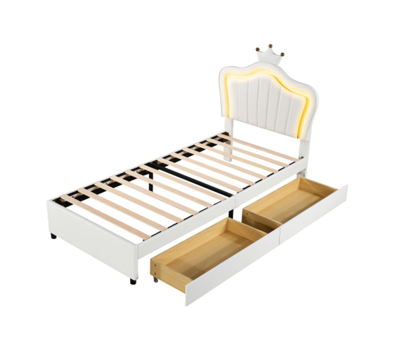 Lit Enfant 90x200 Cm, 2 Tiroirs Et LED, Avec Tête De Lit Coquille, En Simili Cuir, Blanc