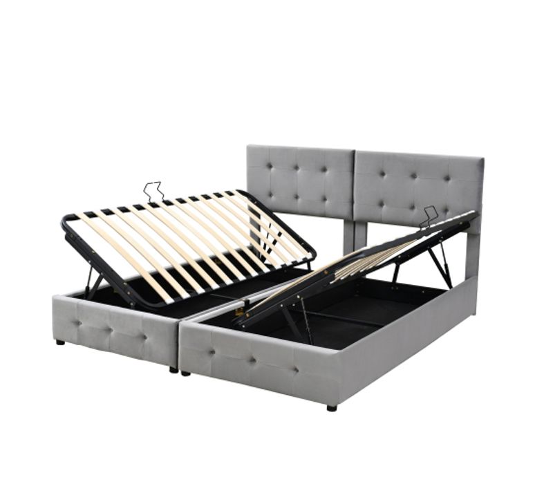 Lit Coffre 180x200 Cm Transformable En 2 Lits 90x200, Avec Sommier à Lattes, En Velours, Gris