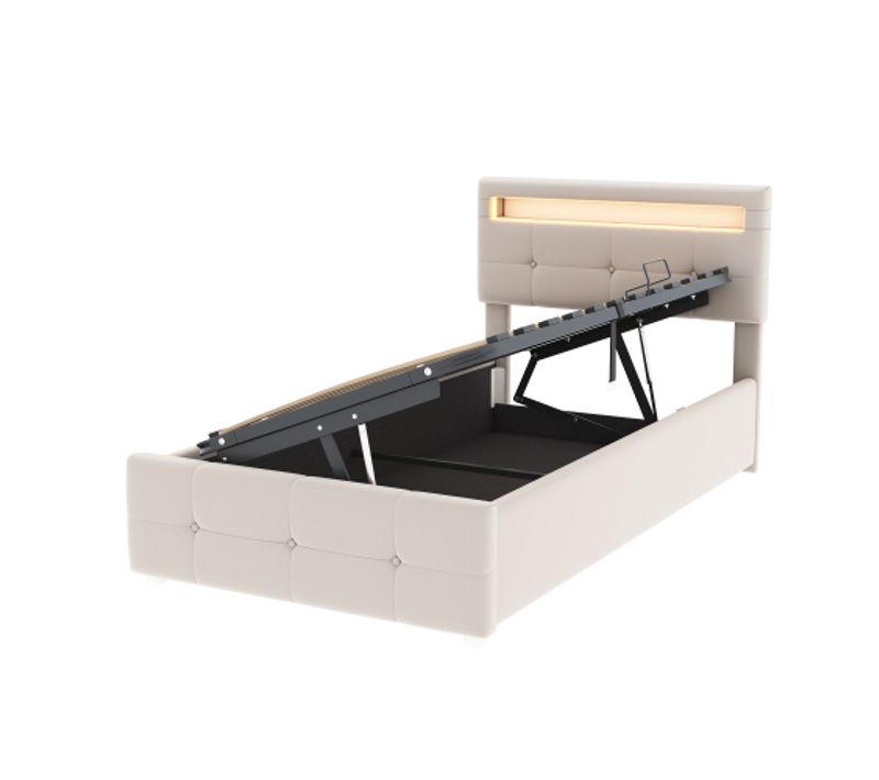 Lit Coffre 90x200 Cm Avec Tête De Lit Réglable, LED Et Lattes, En Velours, Beige