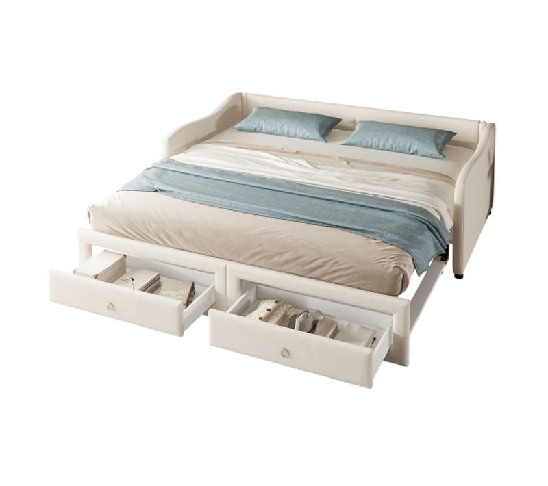 Lit Gigogne 90x200 Cm, Se Transforme En 180x200 Cm Avec 2 Tiroirs, En Lin, Beige
