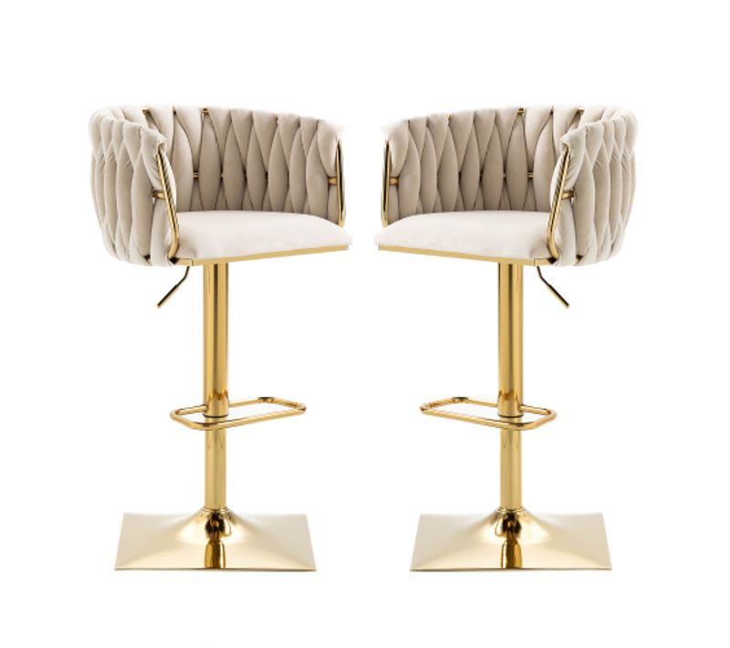 Lot De 2 Tabouret De Bar Pivotant 360° Avec Dossier Tressé, Assise En Velours, Réglable, Ivoire