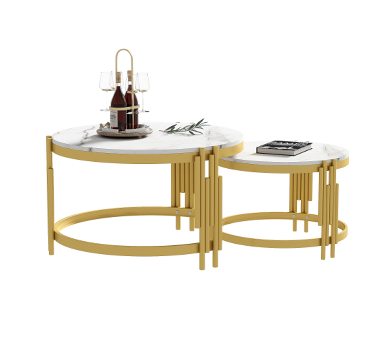 Lot De 2 Tables Basses Rondes Emboîtables Blanc Et Laiton Antique, Design Modulable