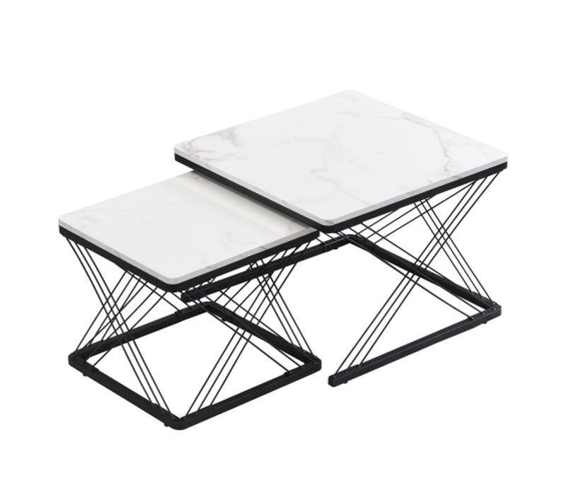Lot De 2 Tables Basses Carrées Noir Et Blanc, Plateau Effet Marbre Brillant, Pieds Réglables