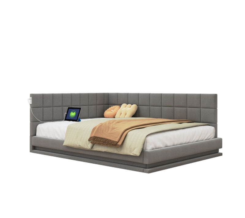 Lit Adulte 140x200 Cm Avec LED Et Ports USB, En Velours, Gris