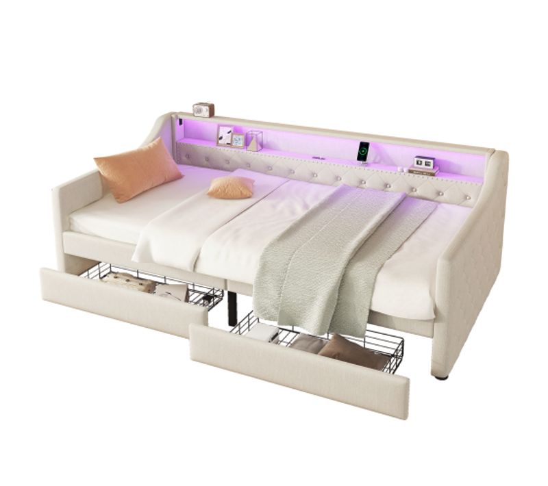 Lit Enfant 90x200 Cm, Avec 2 Tiroirs Et Sommier à Lattes, LED Télécommandée, En Lin, Beige
