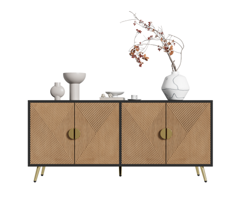 Buffet 160 X 40 X 75 Cm, 4 Portes, Poignées Dorées, Noir Et Bois