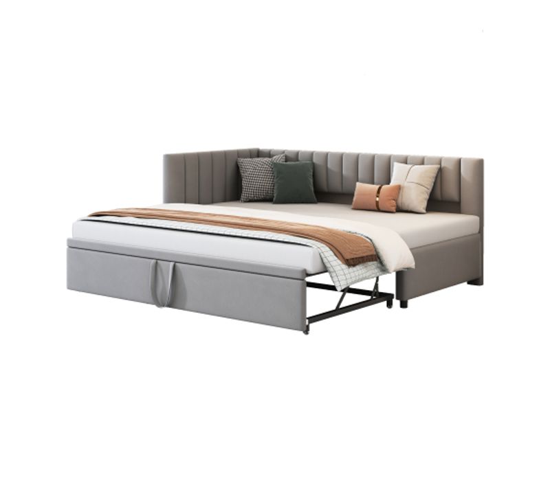 Lit Gigogne 90/180x200 Cm, L Multifonction En Velours Gris