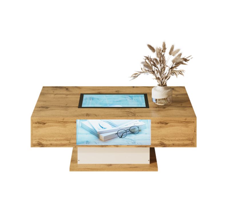 Table Basse Aspect Chêne Et Blanc Avec Plateau En Verre, LED Réglable, 2 Tiroirs