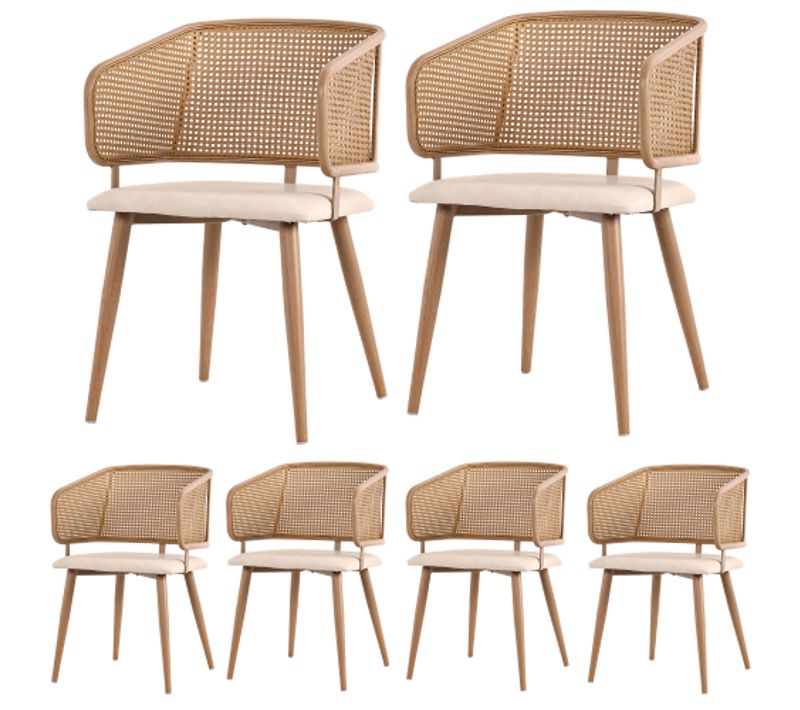 Lot De 6 Chaises De Salle à Manger, Dossier Rotin Respirant, Pieds Métal, Beige Et Marron