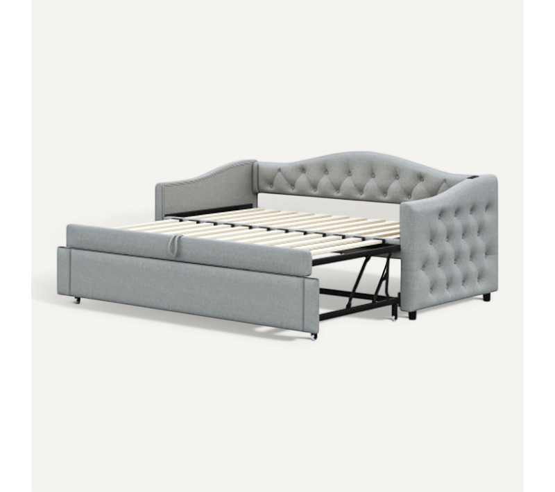 Lit Gigogne 90x200 Cm Avec Ports USB, Sommier à Lattes, En Lin, Gris