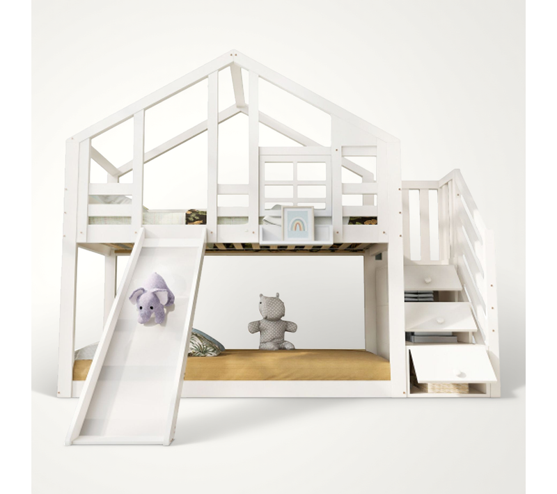 Lit Superposé 90x200 Cm, Lit Cabane Enfant, Avec Toboggan Et Rangements, En Bois, Blanc