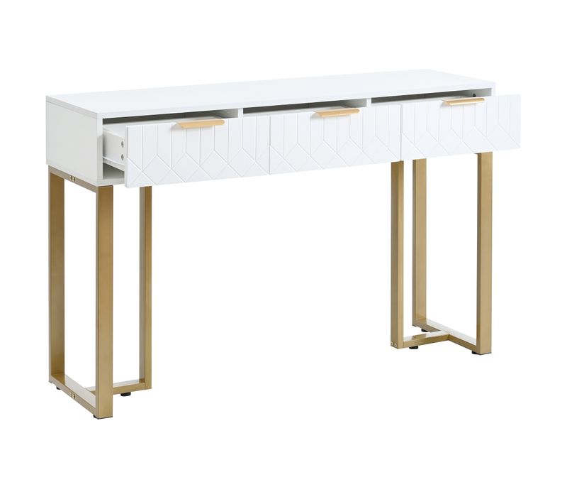 Table Console Avec 2 Tiroirs, Structure En Métal Doré, Blanc Et Or