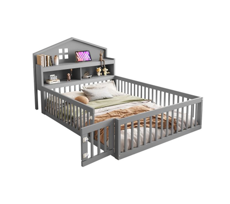 Lit Enfant 140x200 Cm, Tête De Lit De Rangement Style Toit Et Sommier à Lattes, En Bois, Gris