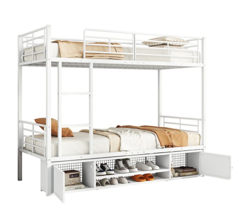 Lit Superposé 90x200 Cm Avec Rangement Chaussures Et Lattes, En Métal, Blanc