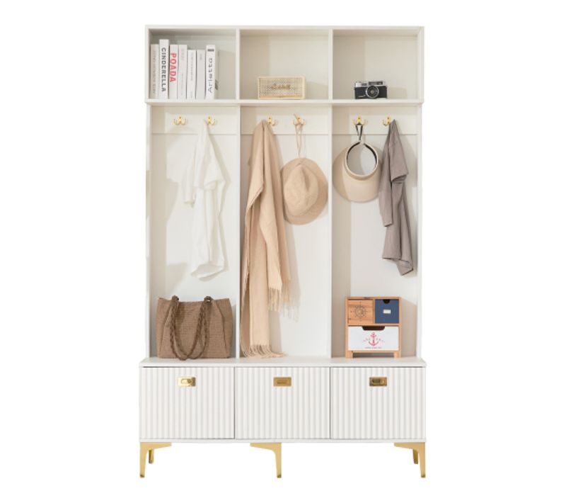 Vestiaire D’entrée Avec Assise, Crochets Dorés, Portes, Étagères Et Rangement à Chaussures, Blanc
