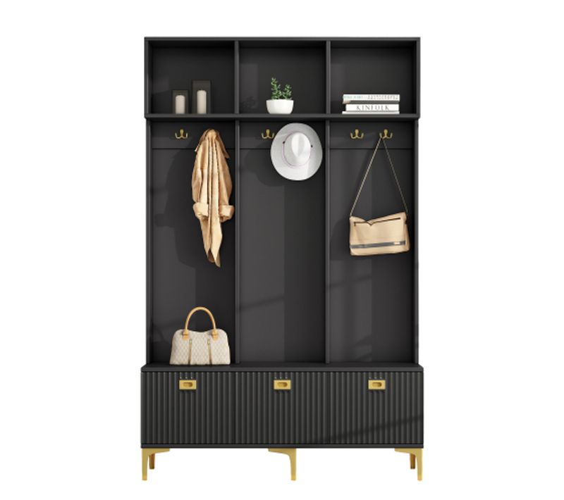 Vestiaire D’entrée Avec Assise, 6 Crochets Dorés, Portes, Étagères Et Rangement à Chaussures, Noir