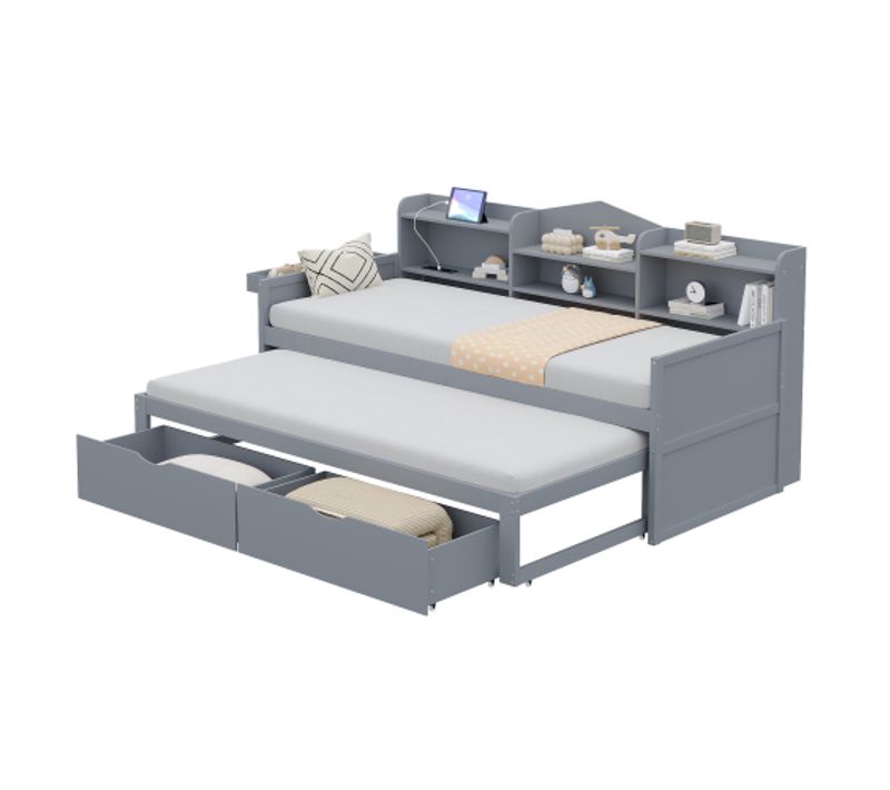 Lit Enfant 90x200 Cm Avec Lit Gigogne 90x190 Cm Avec 2 Tiroirs Et Rangement, En Bois, Gris