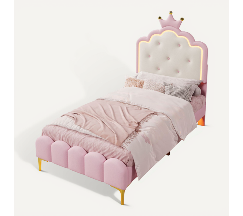 Lit Enfant 90x200 Cm Avec LED, Tête De Lit Princesse Et Éclairage D'ambiance, En Pu, Rose
