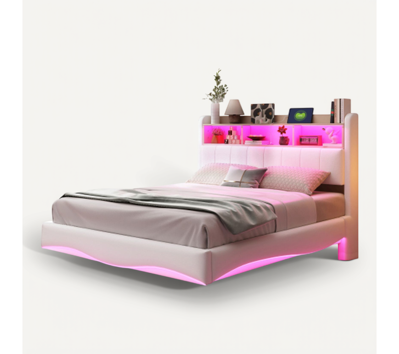 Lit Adulte 140x200 Cm Avec LED Et Ports USB Et Type-c, Tête De Lit De Rangement, En Tissu, Beige