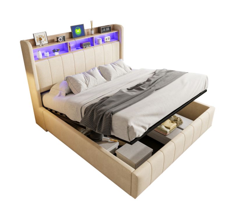 Lit Coffre 160x200 Cm, Tête De Lit Avec LED Et Ports USB Et Type-c, En Lin, Beige
