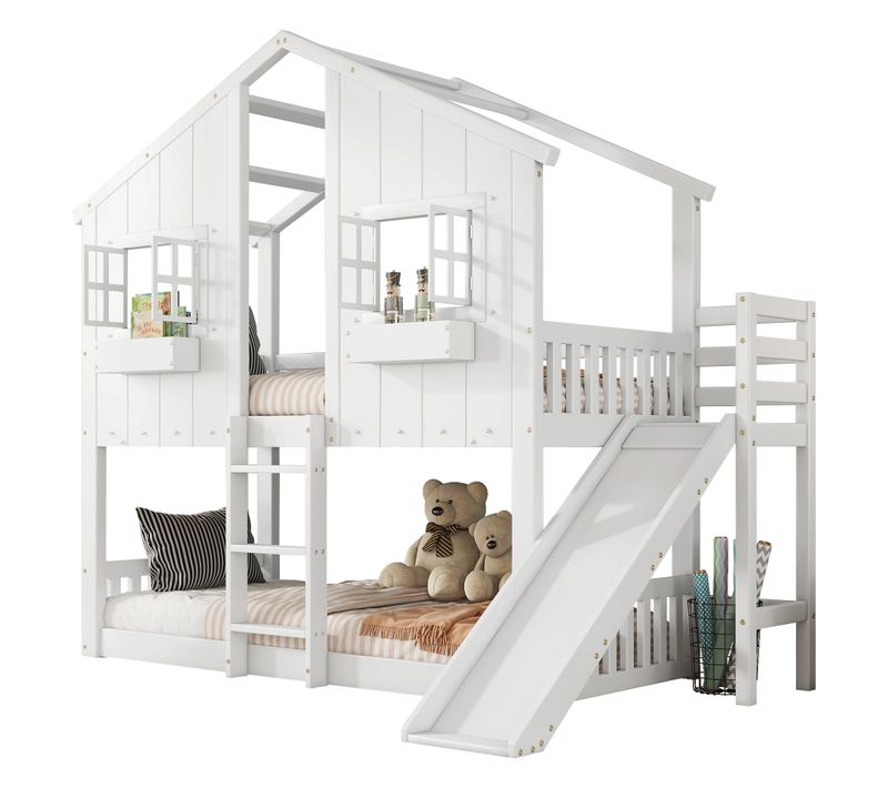 Lit Mezzanine Enfant 90x200 Cm, Avec Toboggan Et Lattes, En Bois, Blanc Et Naturel