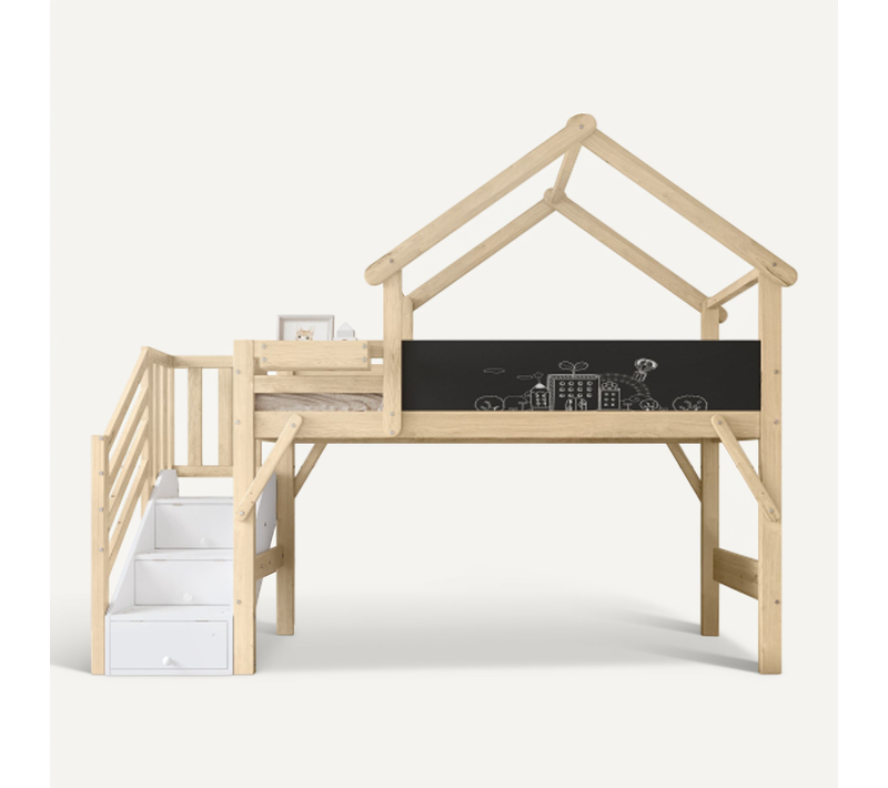 Lit Mezzanine 90x200 Cm, Rangement En Escalier Et Tableau à Craie, En Bois, Blanc Et Naturel