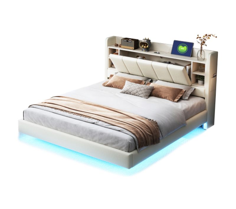 Lit Adulte 140x200 Cm, Tête De Lit De Rangement Et LED, En Lin, Beige
