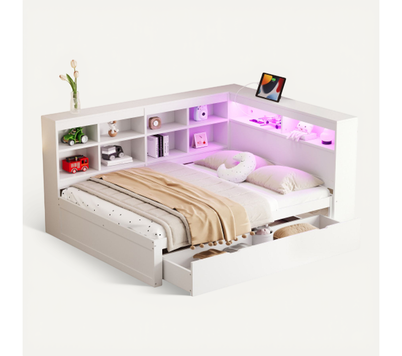 Lit Adulte 140x200 Cm, Avec Grand Tiroir, Tête De Lit De Rangement Et LED, En Bois, Blanc