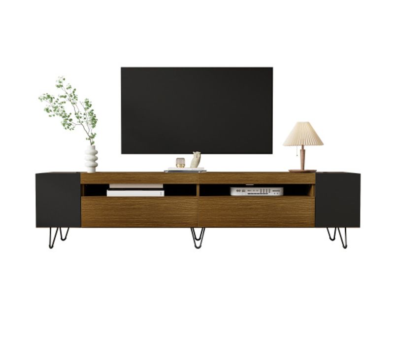Meuble TV 180 Cm Avec 2 Portes, Niches Ouvertes Et 2 Étagères Latérales, Noir Et Couleur Bois