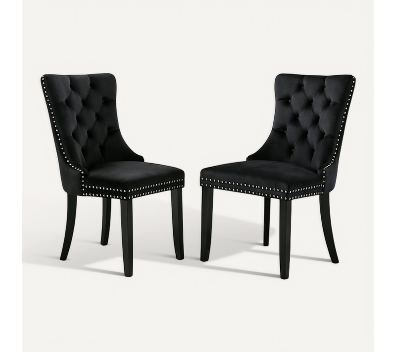 Lot De 2 Chaises De Salle à Manger, Dossier Haut Capitonné, Velours, Piètement Bois, Noir