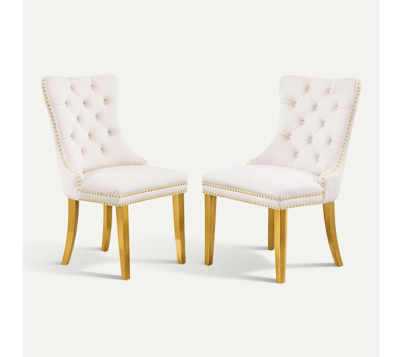 Lot De 2 Chaises De Salle à Manger, Dossier Haut Capitonné, Structure Bois Massif, Velours, Beige