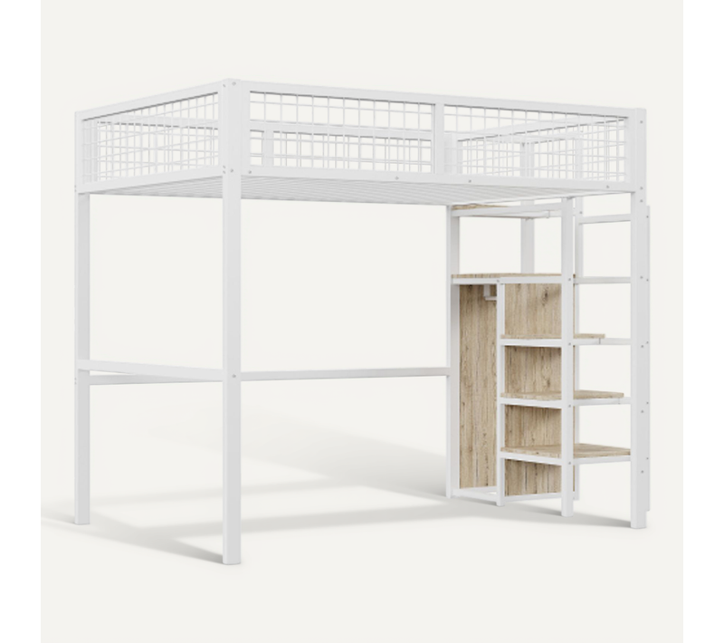 Lit Mezzanine 140x200 Cm, Avec Armoire Intégrée Et Lattes, En Métal, Blanc