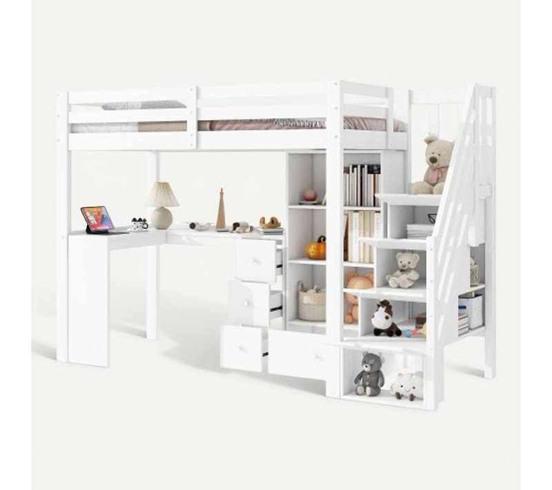 Lit Mezzanine 90x200 Cm Avec Bureau Et Tiroirs, En Bois, Blanc, Sans Matelas