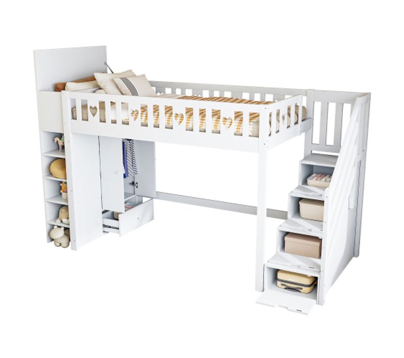 Lit Mezzanine 90x200 Cm Avec Pendrie, Tiroir, Échelle Et Étagères, En Bois, Blanc