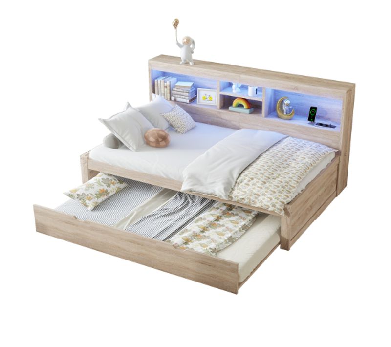 Lit Enfant 90x200 Cm Avec Lit Gigogne 90x190 Cm Et LED Avec Prises, Naturel