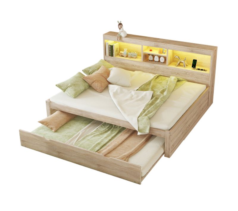 Lit Adulte 140x200 Cm Avec Lit Gigogne 90x190 Cm, Avec Éclairage LED, Naturel