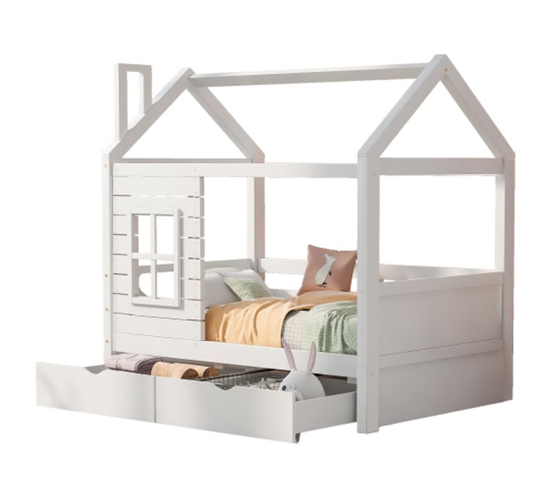 Lit Cabane Enfant 80x160 Cm, Avec 2 Tiroirs Et Sommier à Lattes, En Bois, Blanc